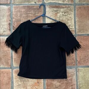 J. Crew Black Short Sleeve Top with Feather Trim